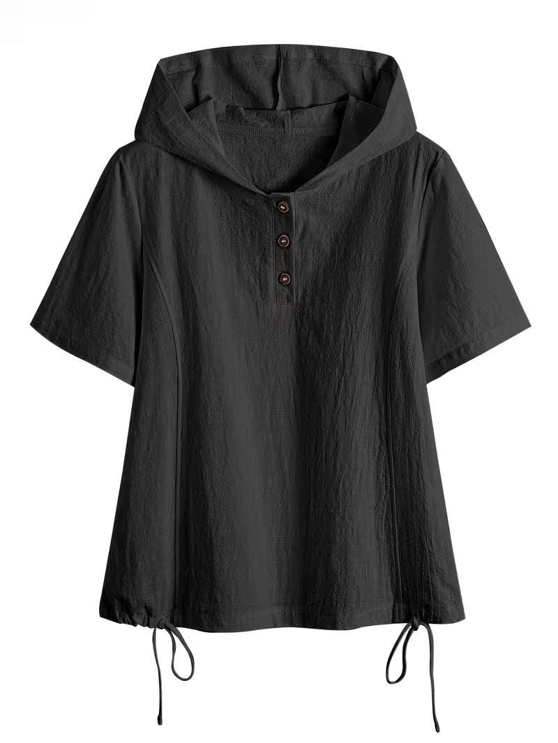 Bouchra - Camisa Folgada De Manga Curta Com Capuz De Cor Lisa E Botões À Frente