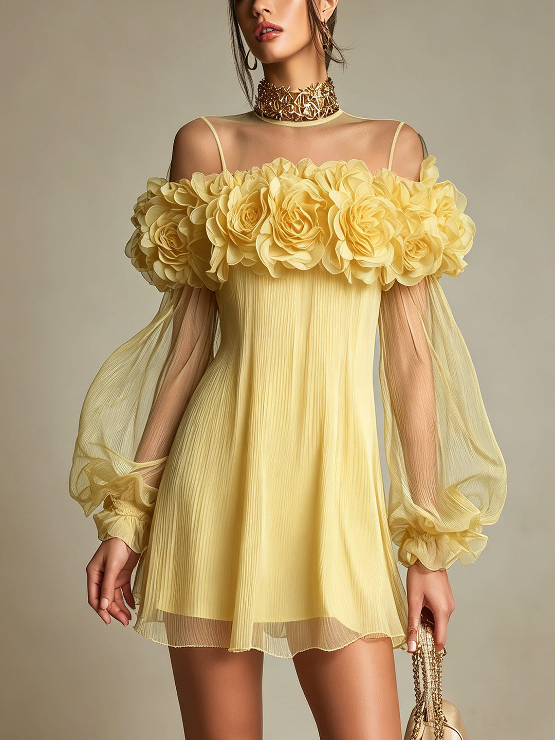 Liziana - Mini-Vestido Plissado Com Enfeites Florais Em 3D