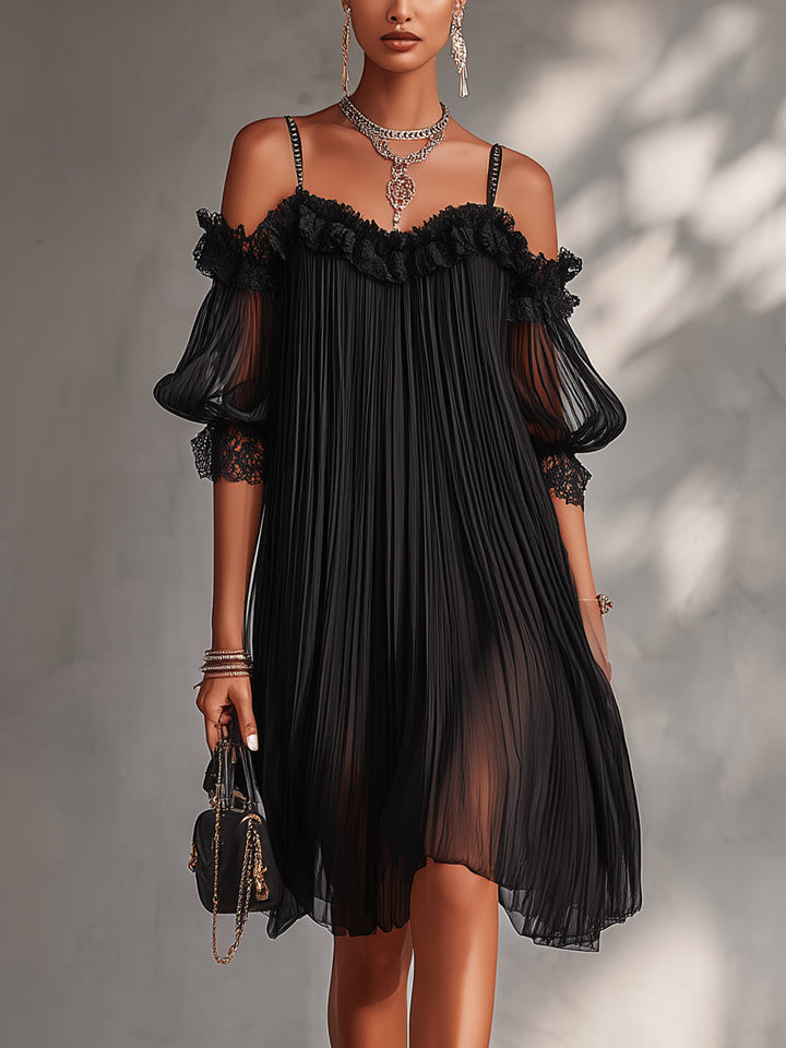 Silija - Mini-Vestido De Chiffon Com Ombros à Mostra e Acabamentos Em Renda