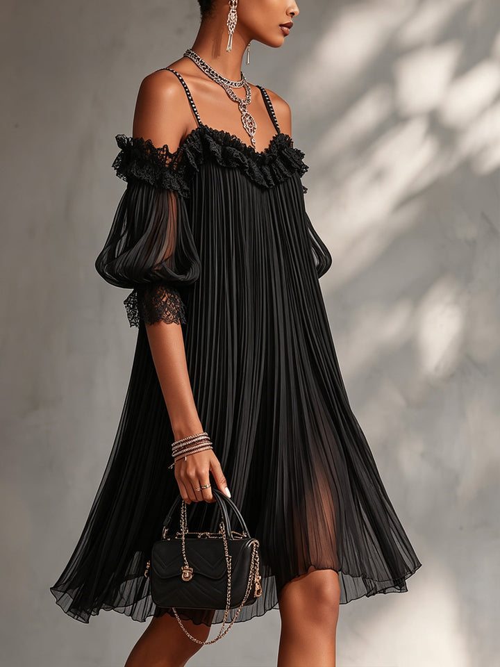 Silija - Mini-Vestido De Chiffon Com Ombros à Mostra e Acabamentos Em Renda