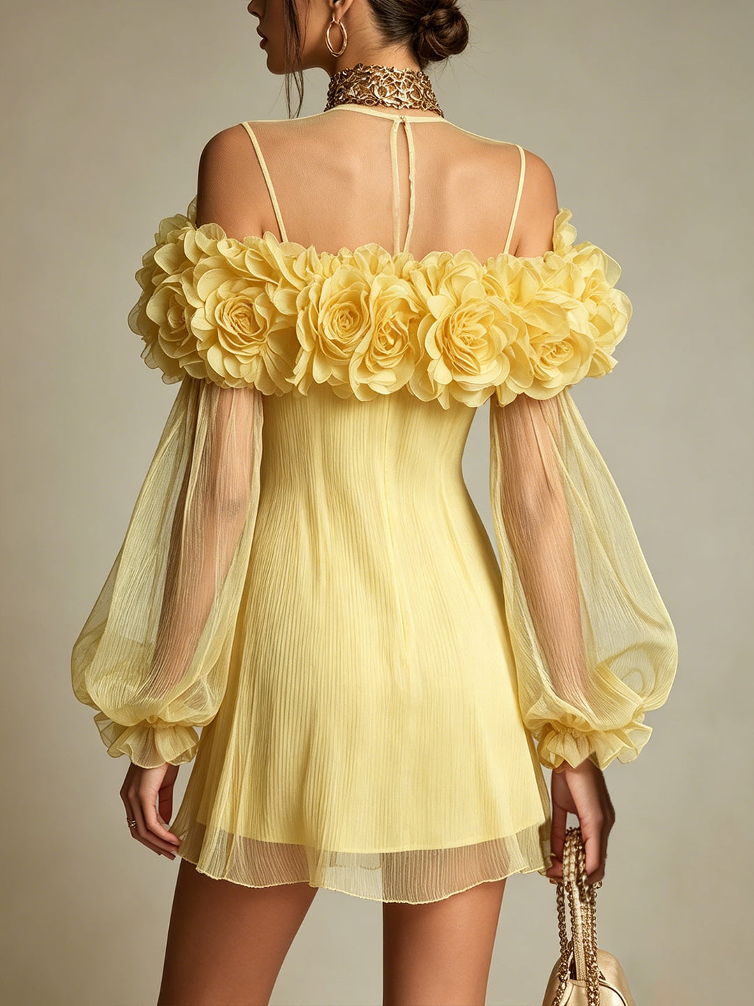 Liziana - Mini-Vestido Plissado Com Enfeites Florais Em 3D