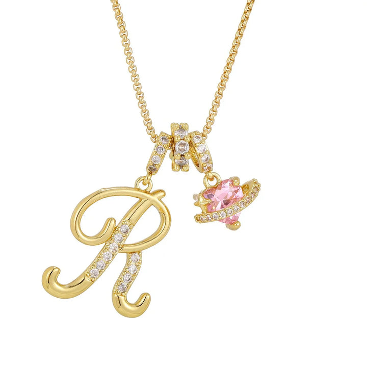 Nerute - Colar Com Inicial e Pingente em Forma de Coração Rosa