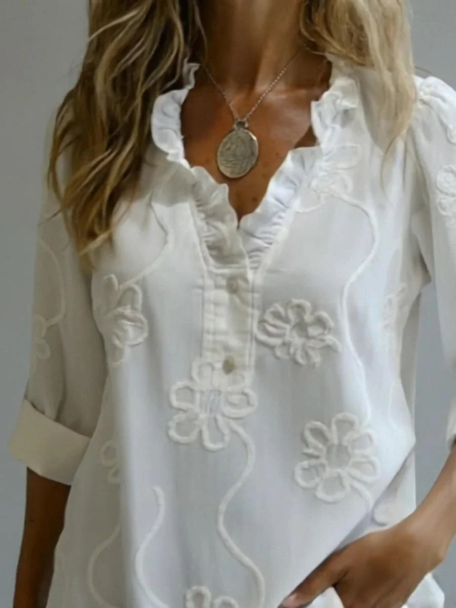 Beatrixa - Camisa Com Gola Com Folhos e Padrão Floral