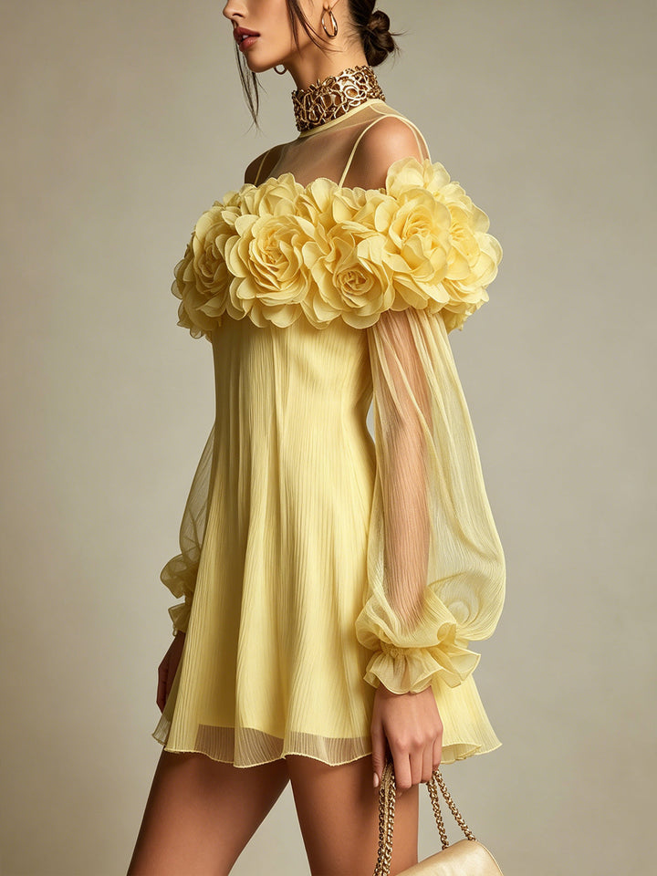 Liziana - Mini-Vestido Plissado Com Enfeites Florais Em 3D
