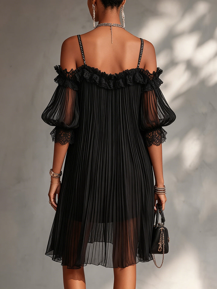 Silija - Mini-Vestido De Chiffon Com Ombros à Mostra e Acabamentos Em Renda