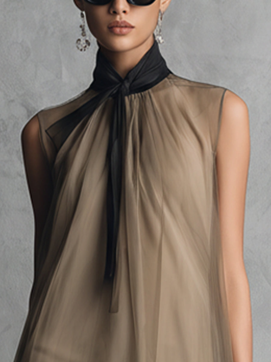 Yupha - Vestido Midi Assimétrico Transparente de Gola Alta