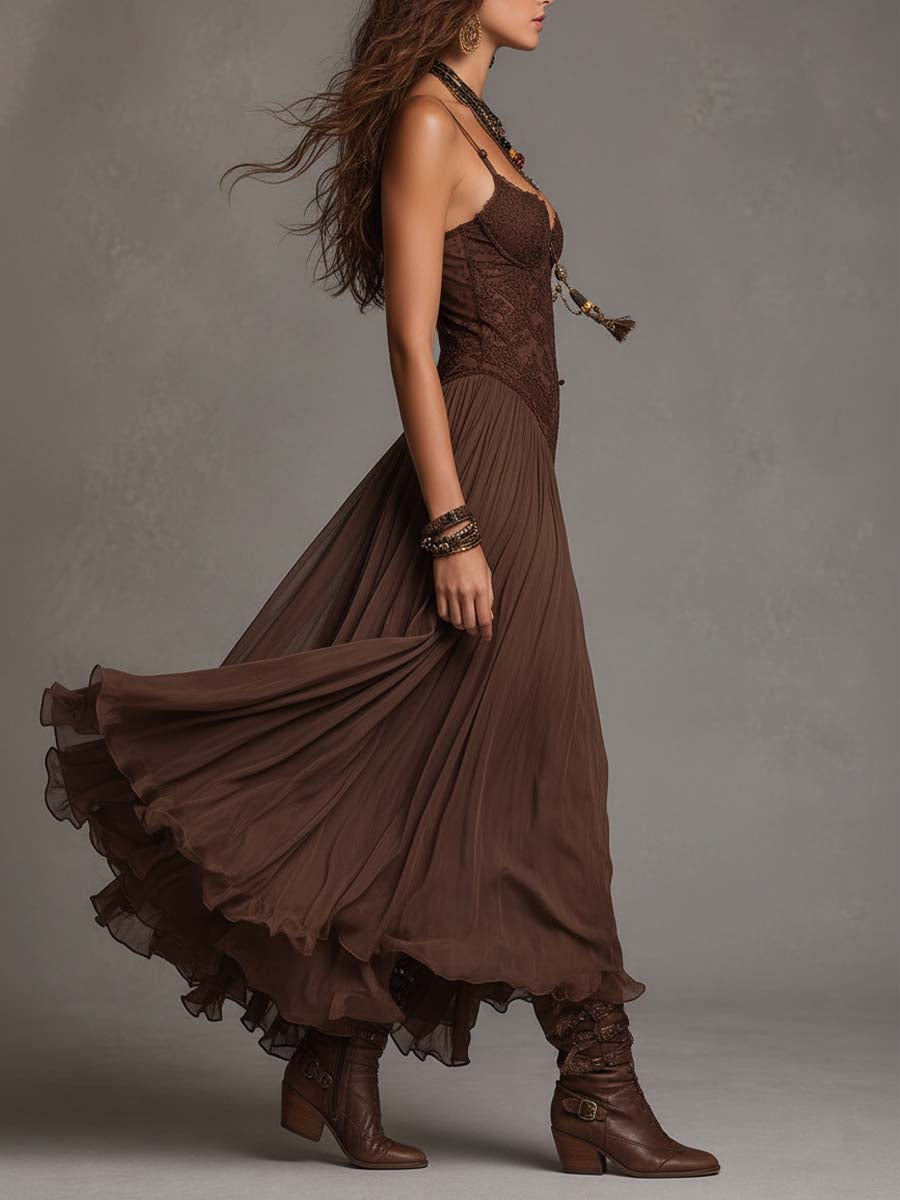 Serisha - Vestido Maxi Fluido com Corpete de Renda