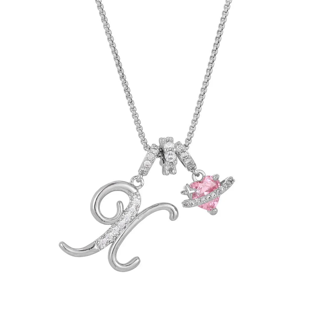 Nerute - Colar Com Inicial e Pingente em Forma de Coração Rosa