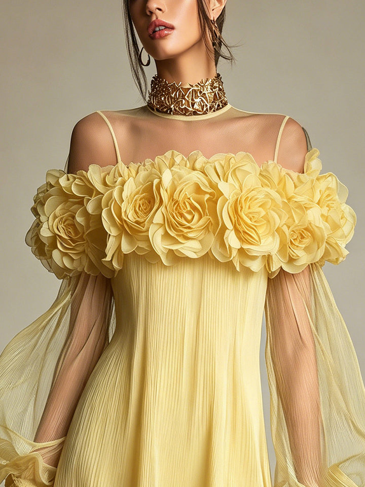 Liziana - Mini-Vestido Plissado Com Enfeites Florais Em 3D