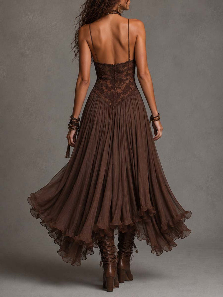 Serisha - Vestido Maxi Fluido com Corpete de Renda