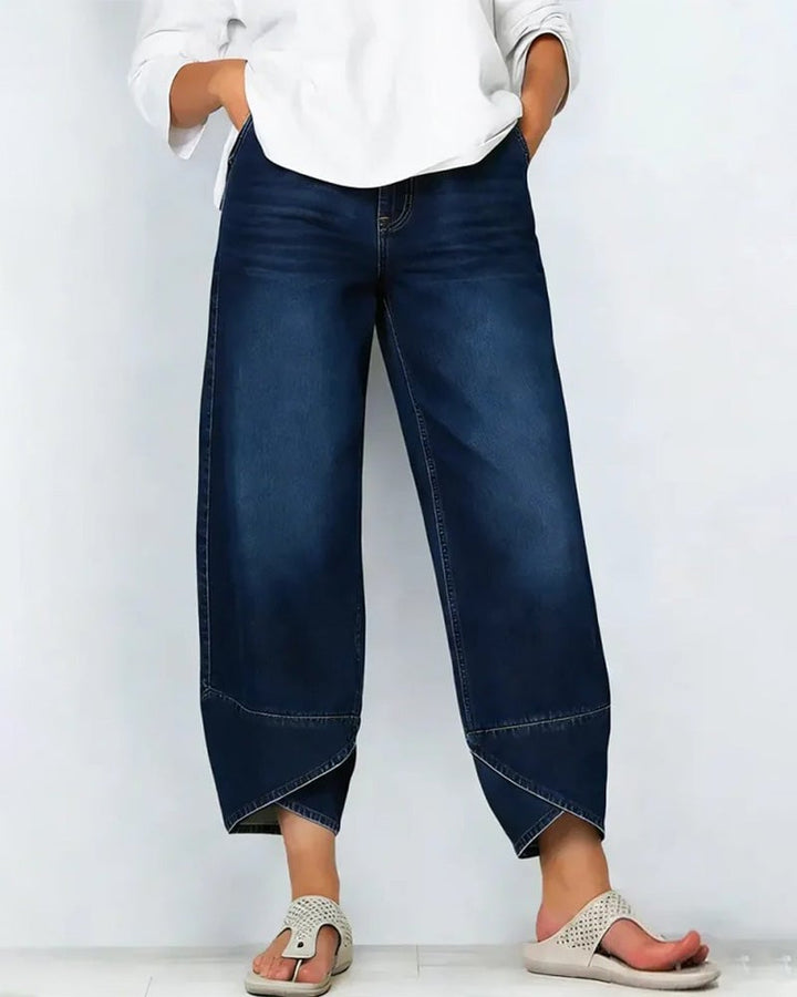 Synira - Calça De Ganga Recortada Casual De Pernas Largas