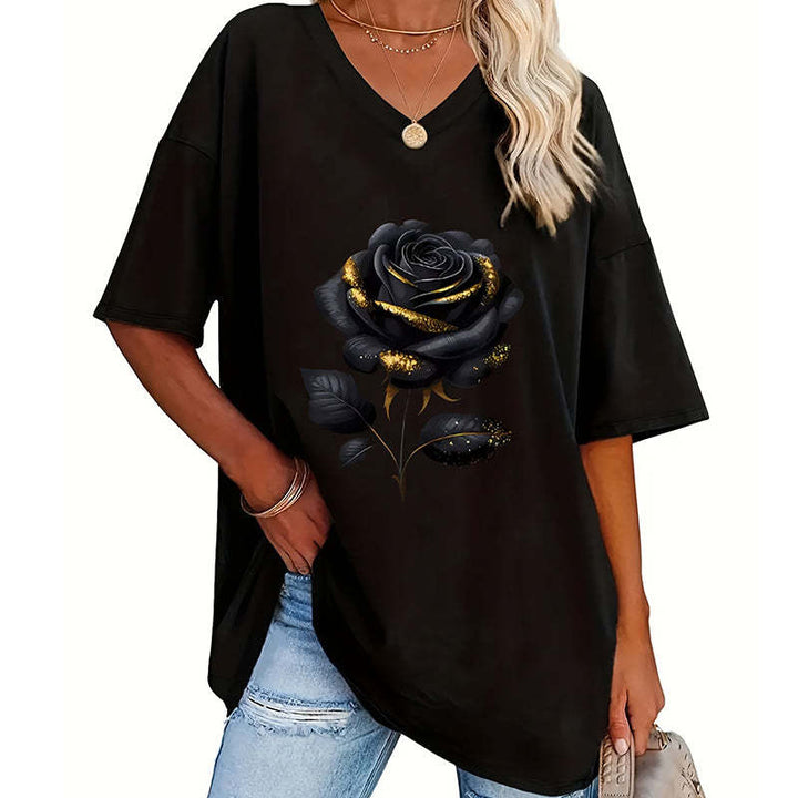 Aijia - T-camisa Com Decote Em V E Estampado De Rosas