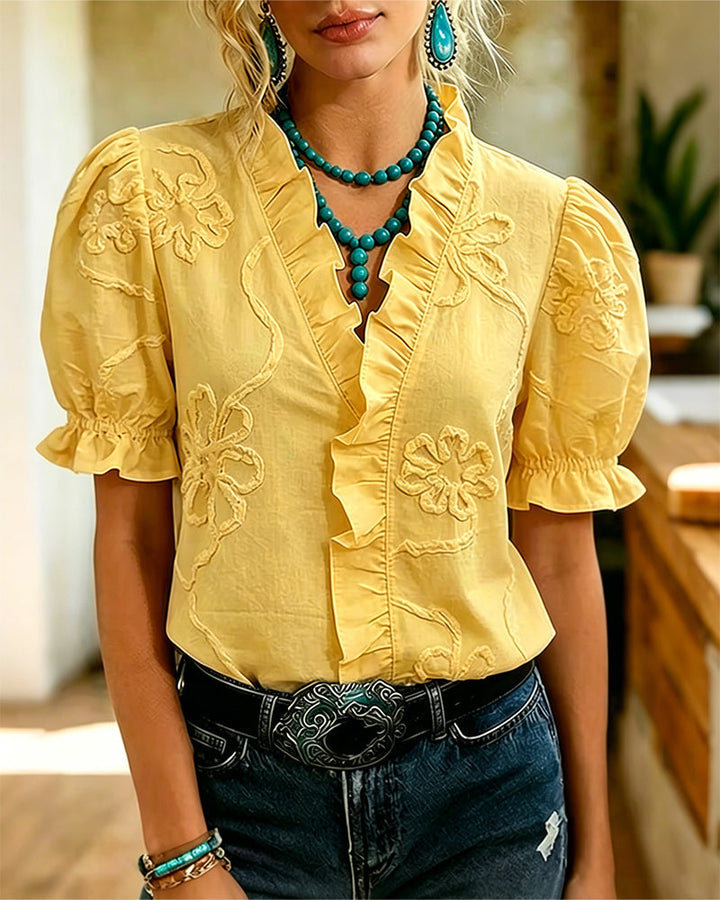 Lillynn - Blusa Com Decote Em V Acabamento Com Folhos E Mangas Bufantes