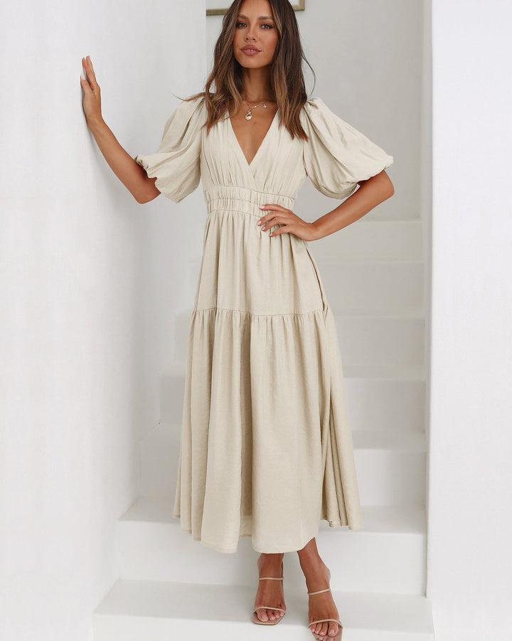 Delphine - Vestido Midi Elegante Com Decote Em V E Mangas Com Folhos