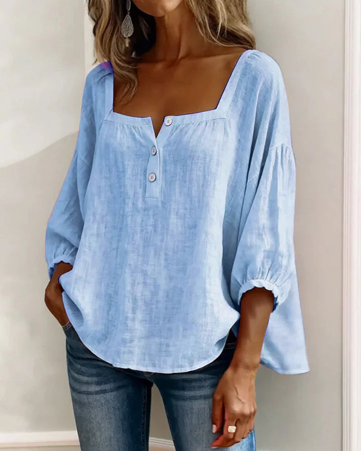 Leontien - Blusa De Algodão De Manga Comprida Com Decote Quadrado