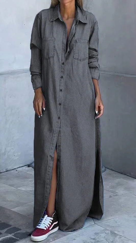Chondona - Vestido De Ganga Com Mangas Compridas E Lapelas