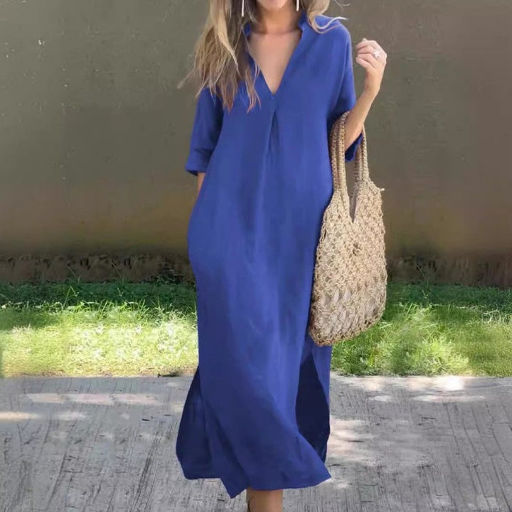 Ramune - Vestido Casual de Linho Com Decote em V