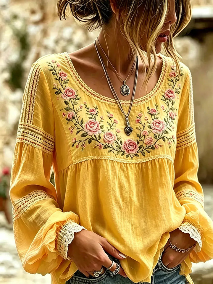 Esraa - Blusa De Linho Com Gola Bordada Com Motivos Florais