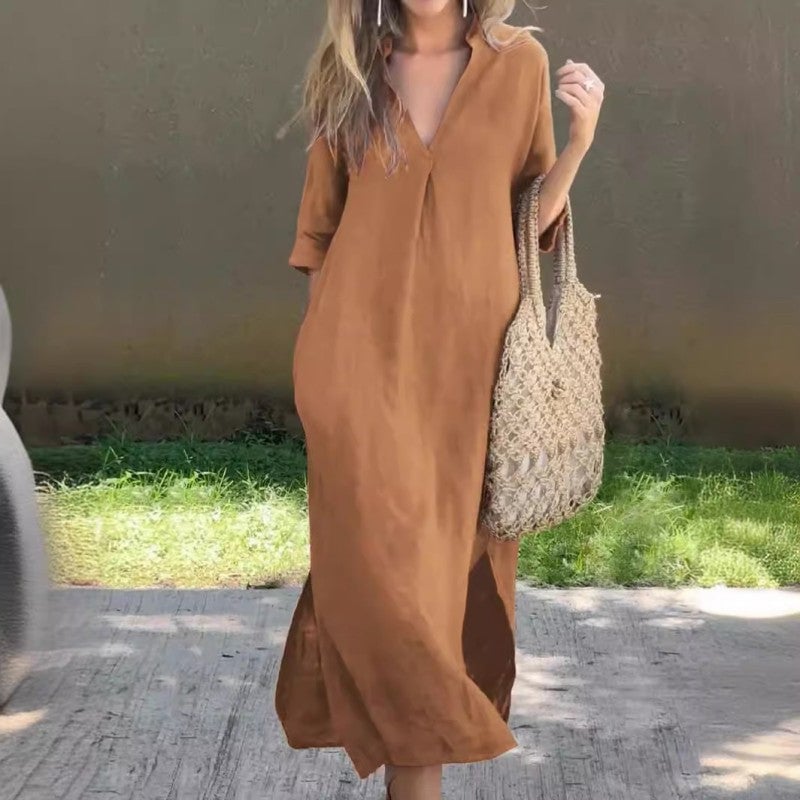 Ramune - Vestido Casual de Linho Com Decote em V