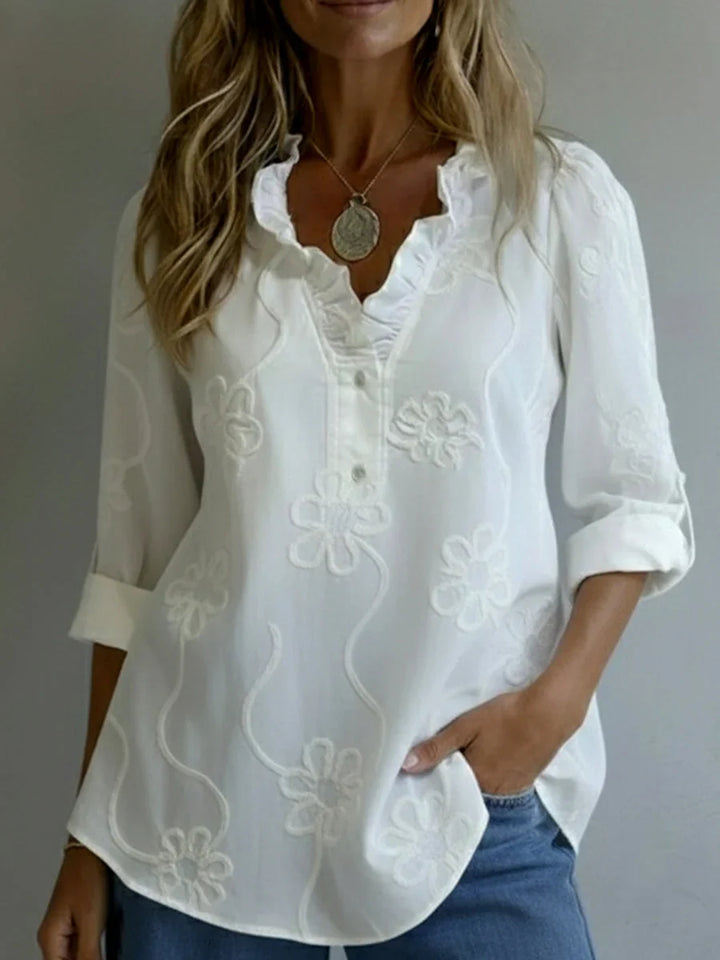 Beatrixa - Camisa Com Gola Com Folhos e Padrão Floral