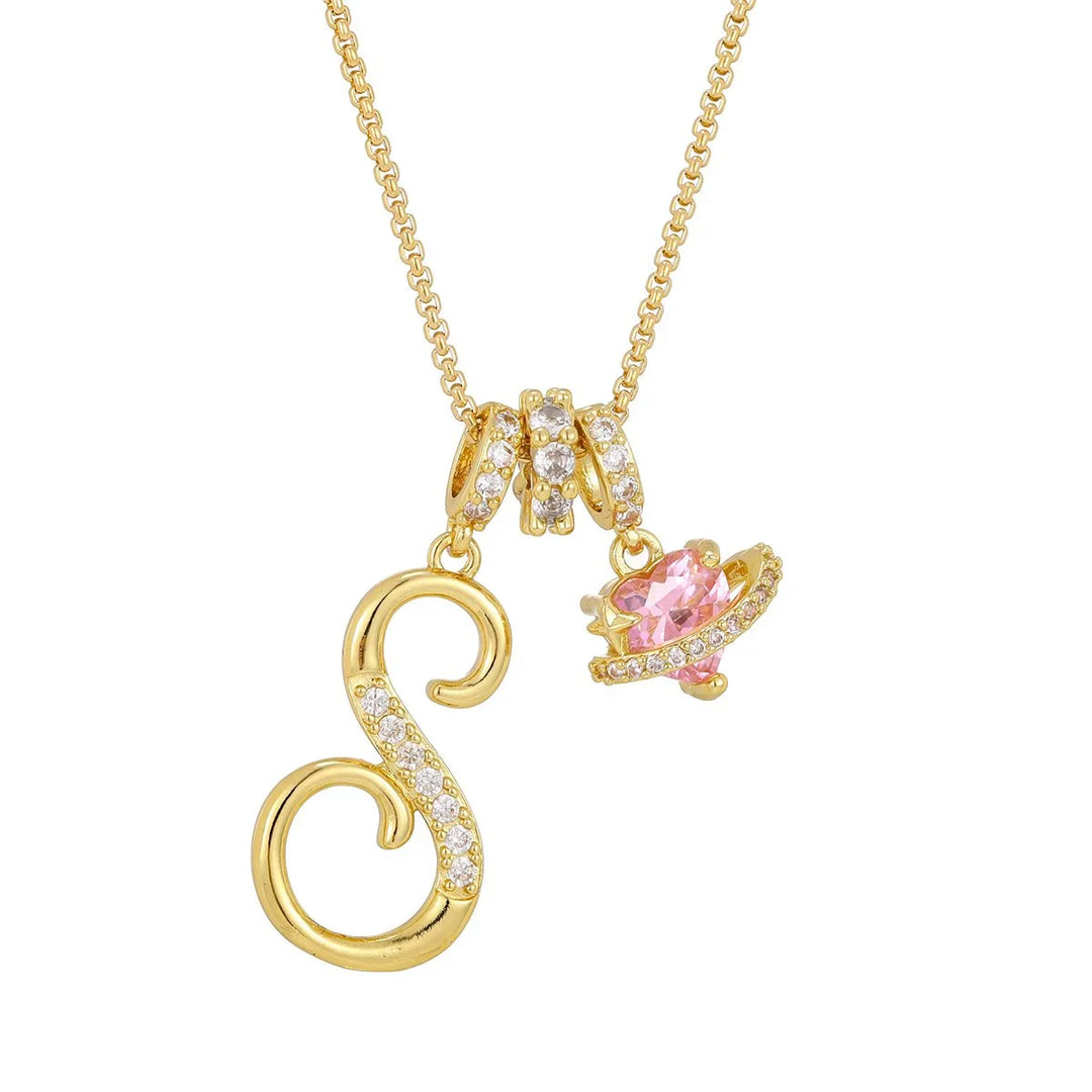 Nerute - Colar Com Inicial e Pingente em Forma de Coração Rosa