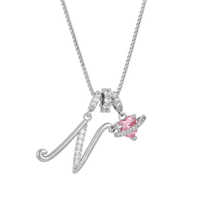 Nerute - Colar Com Inicial e Pingente em Forma de Coração Rosa