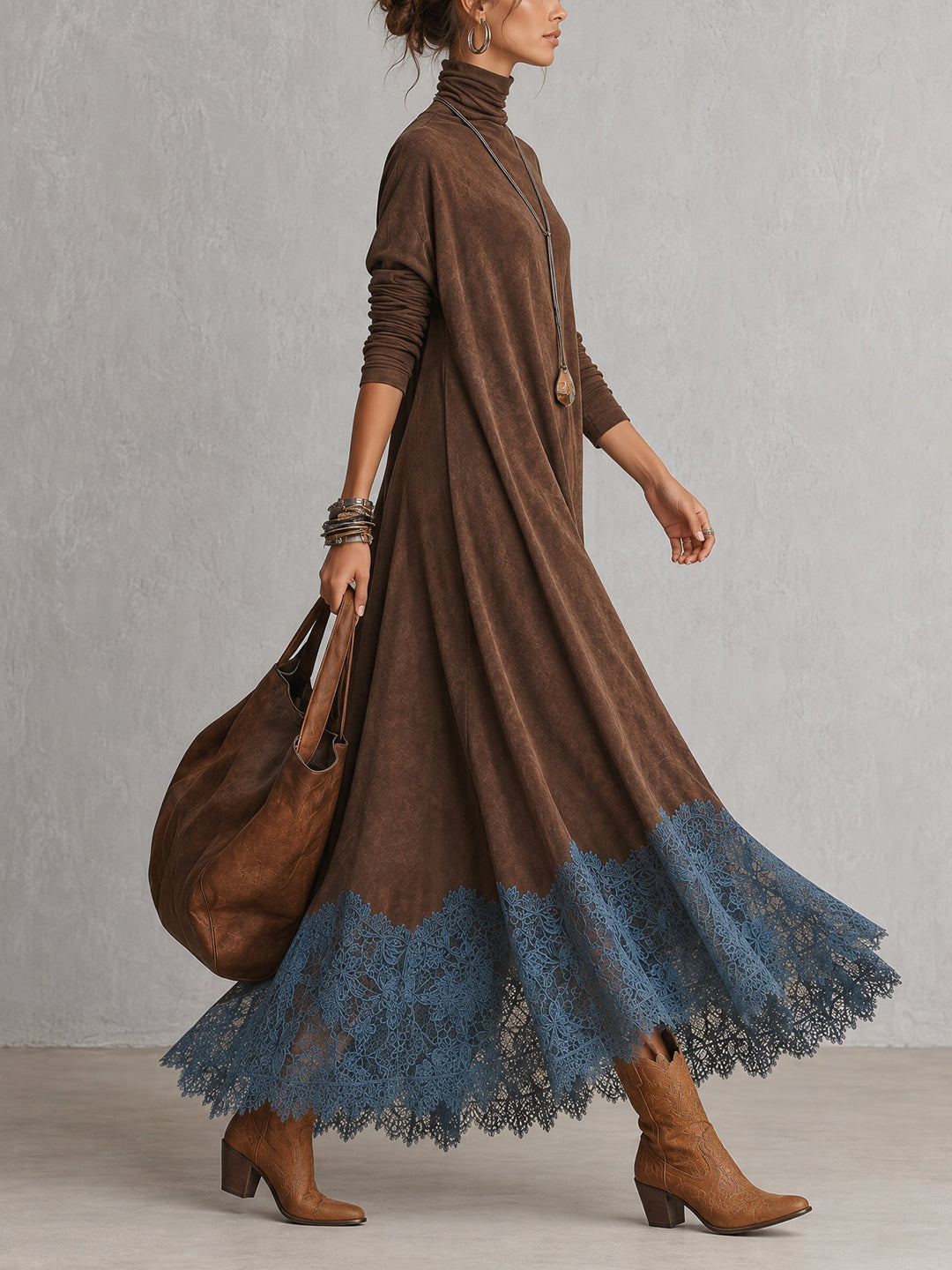 Albria - Vestido Maxi de Manga Comprida com Estilo Vintage