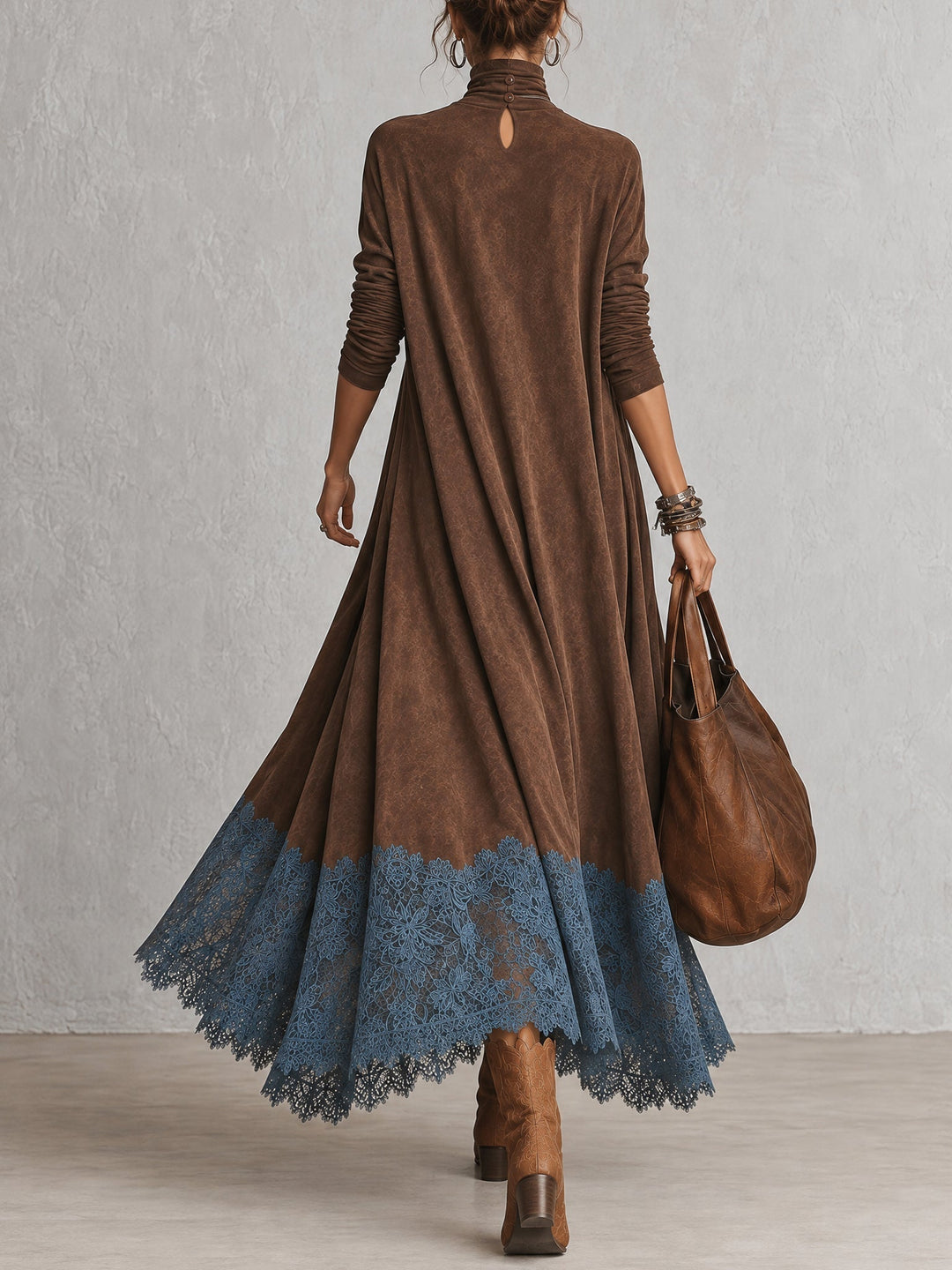 Albria - Vestido Maxi de Manga Comprida com Estilo Vintage