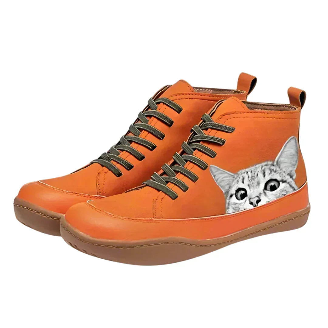 Fenna - Botas De Couro até Ao Tornozelo Para OS Amantes De Gatos