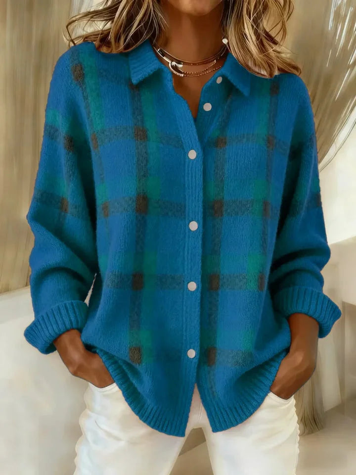 Anny - Camisola de Malha Casual Xadrez Com Botões