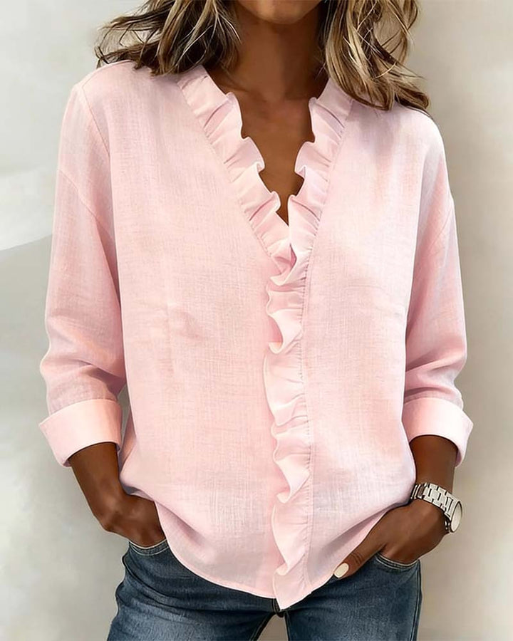 Birute - Blusa Elegante de Mangas Compridas Com Decote em V