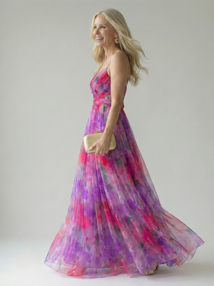 Xeenia - Vestido Maxi Elegante Em Chiffon Com Recortes