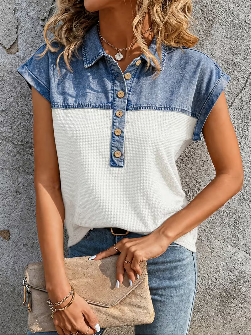 Haily - Top Casual de Ganga Com Gola em Patchwork e Manga Curta