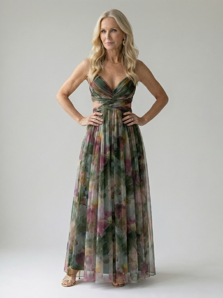 Xeenia - Vestido Maxi Elegante Em Chiffon Com Recortes
