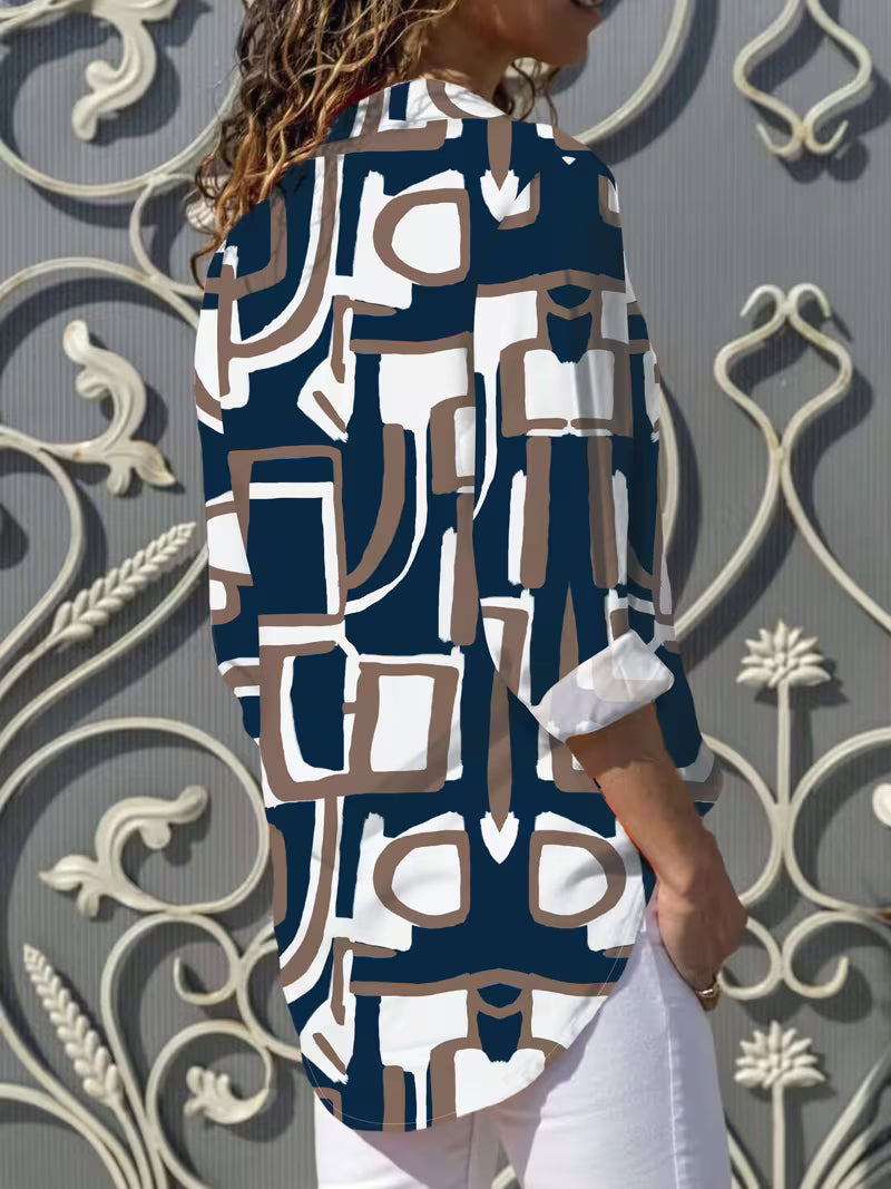 Fizana - Camisa casual de chiffon com padrão geométrico