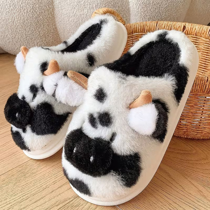 Faliza - Chinelos De Pelúcia Para Uso Doméstico Com Padrão De Vaca Malhada