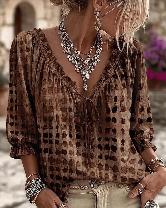 Orlyna - Blusa Com Laços E Padrão De Bolinhas Com Decote Em V