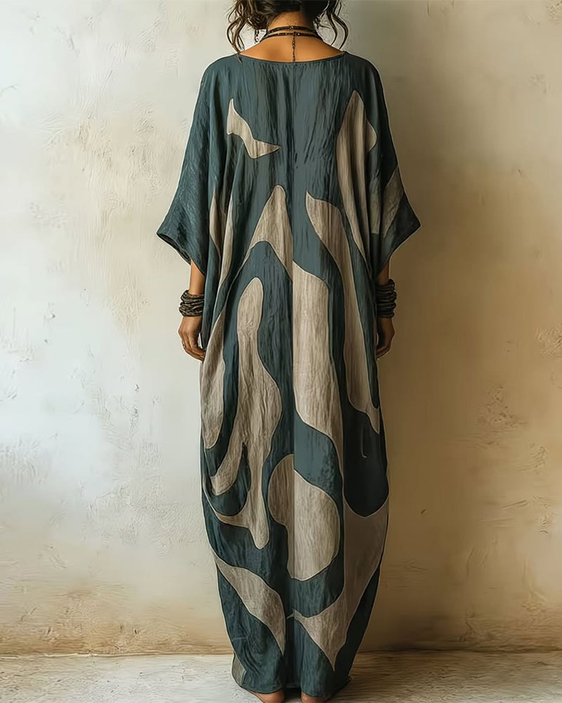 Valarien - Vestido Maxi Solto Com Padrão Abstrato E Decote Em V