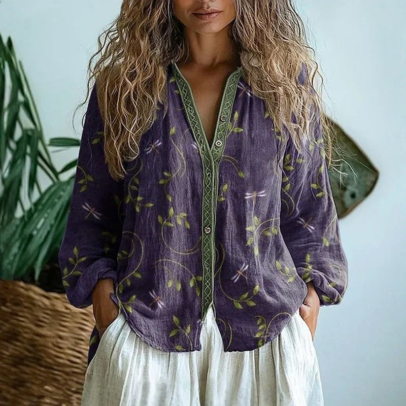 Ereinaa - Camisa Elegante Com Estampado Vintage De Folhas
