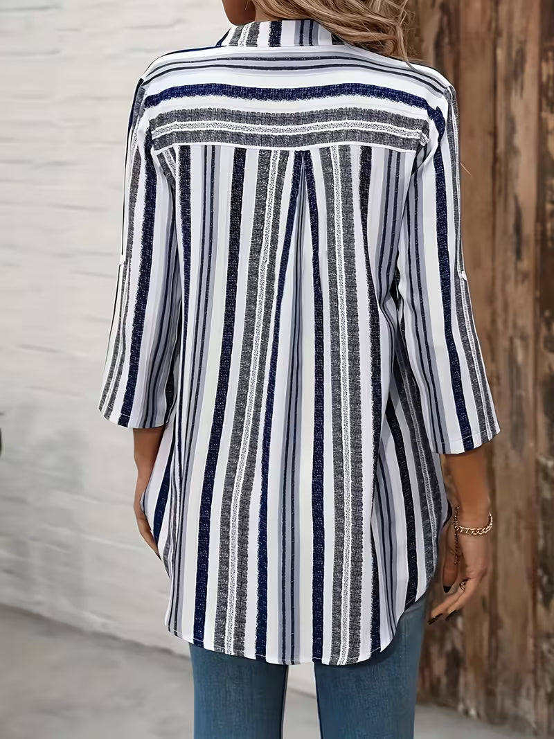 Elika - Camisola Larga Às Riscas Com Decote Em V