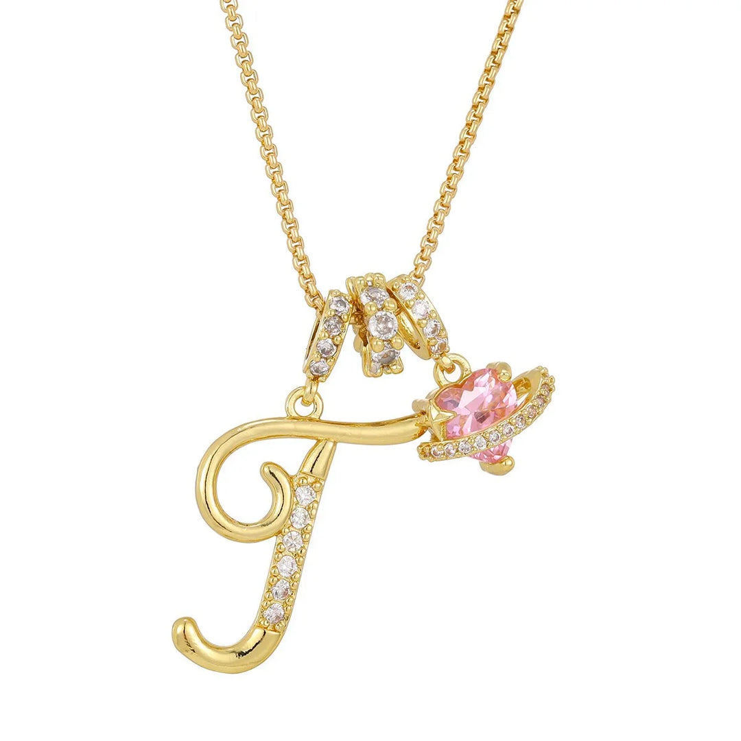 Nerute - Colar Com Inicial e Pingente em Forma de Coração Rosa