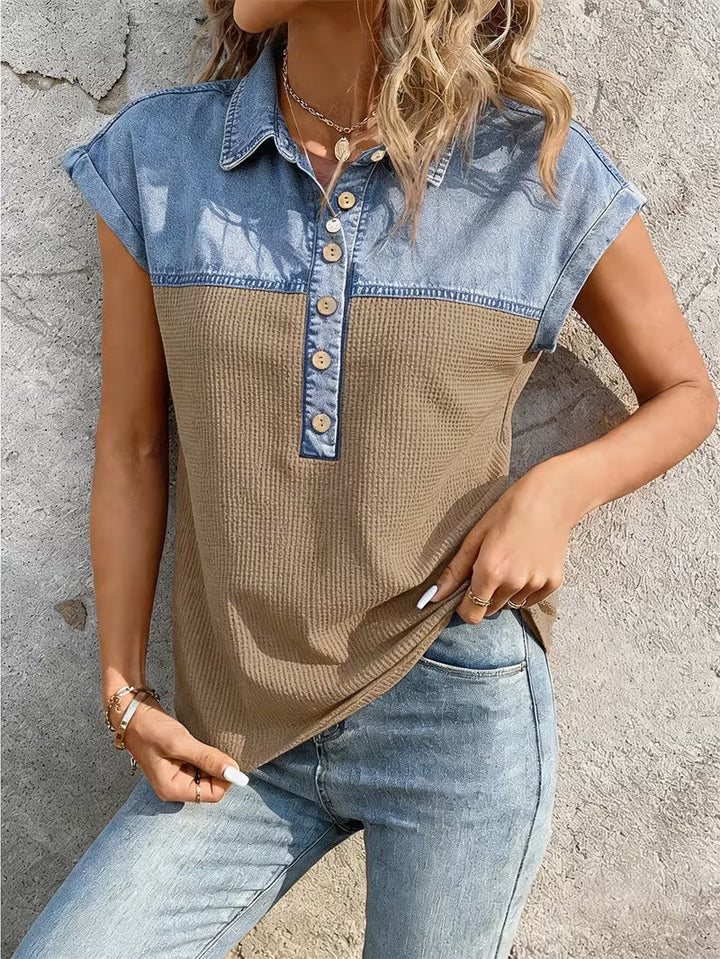 Haily - Top Casual de Ganga Com Gola em Patchwork e Manga Curta