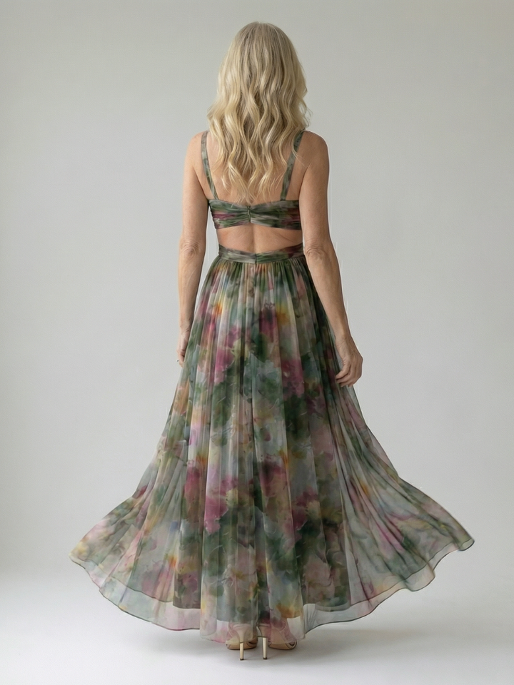 Xeenia - Vestido Maxi Elegante Em Chiffon Com Recortes