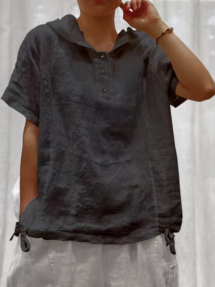 Bouchra - Camisa Folgada De Manga Curta Com Capuz De Cor Lisa E Botões À Frente
