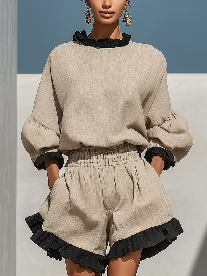 Simi - Blusa e Calções Com Acabamento Em Folhos De Linho