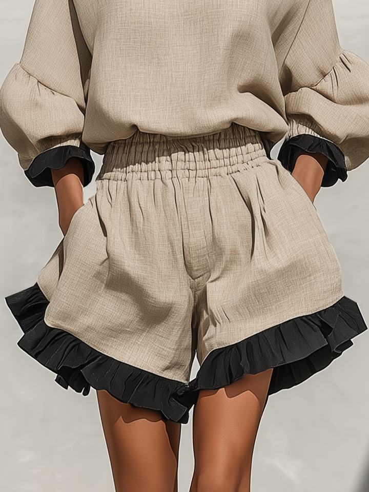 Simi - Blusa e Calções Com Acabamento Em Folhos De Linho