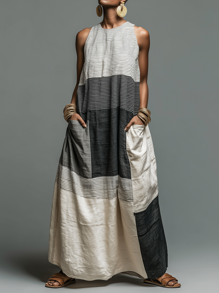 Jynnie - Vestido Maxi Sem Mangas às Riscas
