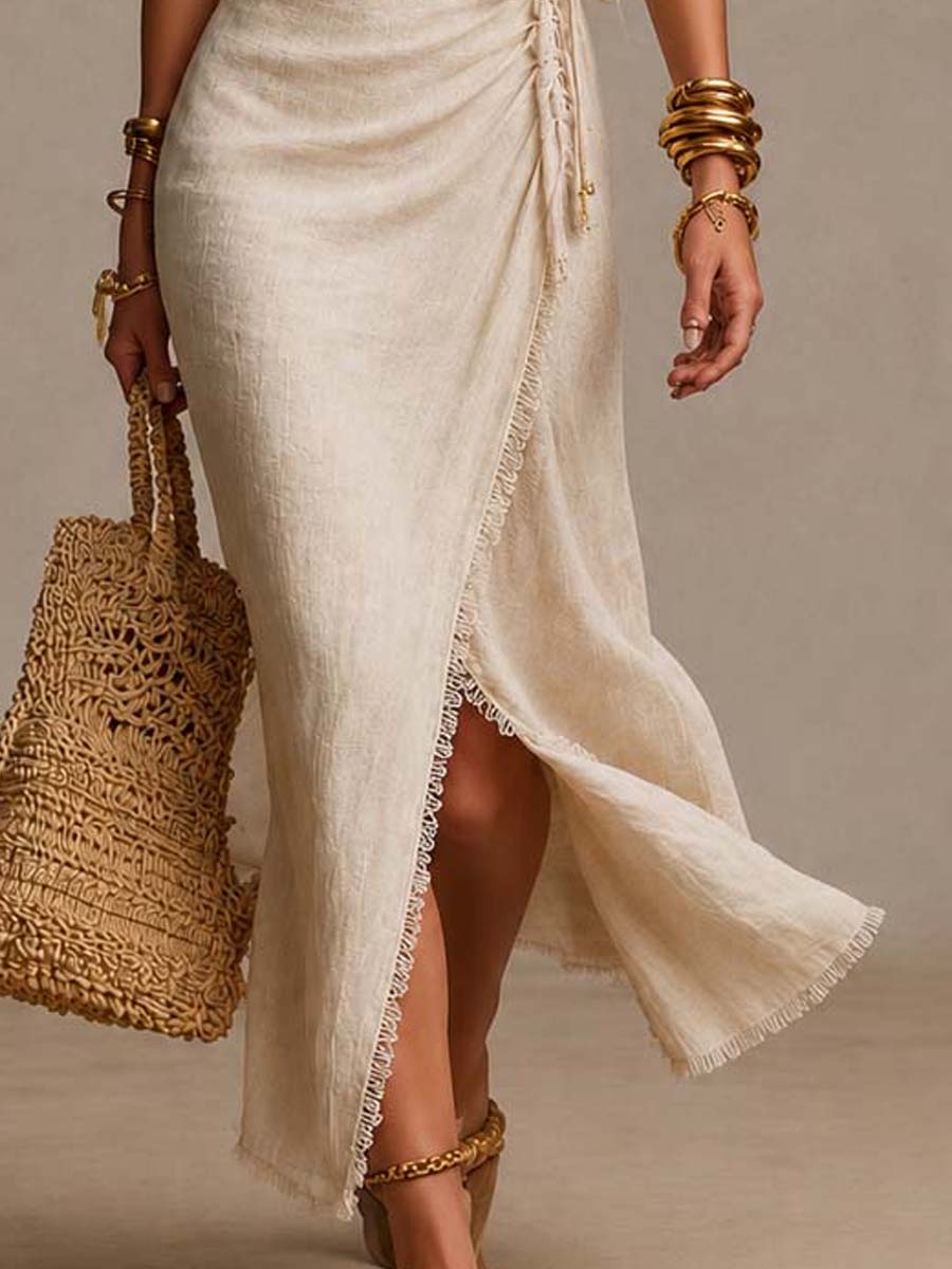 Szarlota - Vestido Maxi Envolvente Em Linho Com Folhos E Acabamentos Em Renda