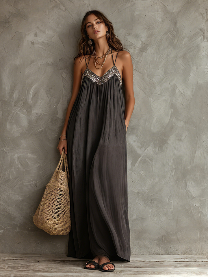 Noreene - Vestido Maxi Casual Tecido Com Decote Em V