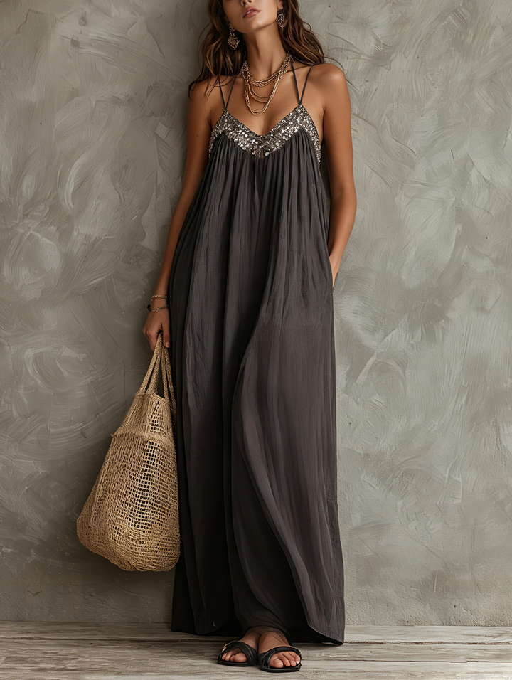 Noreene - Vestido Maxi Casual Tecido Com Decote Em V